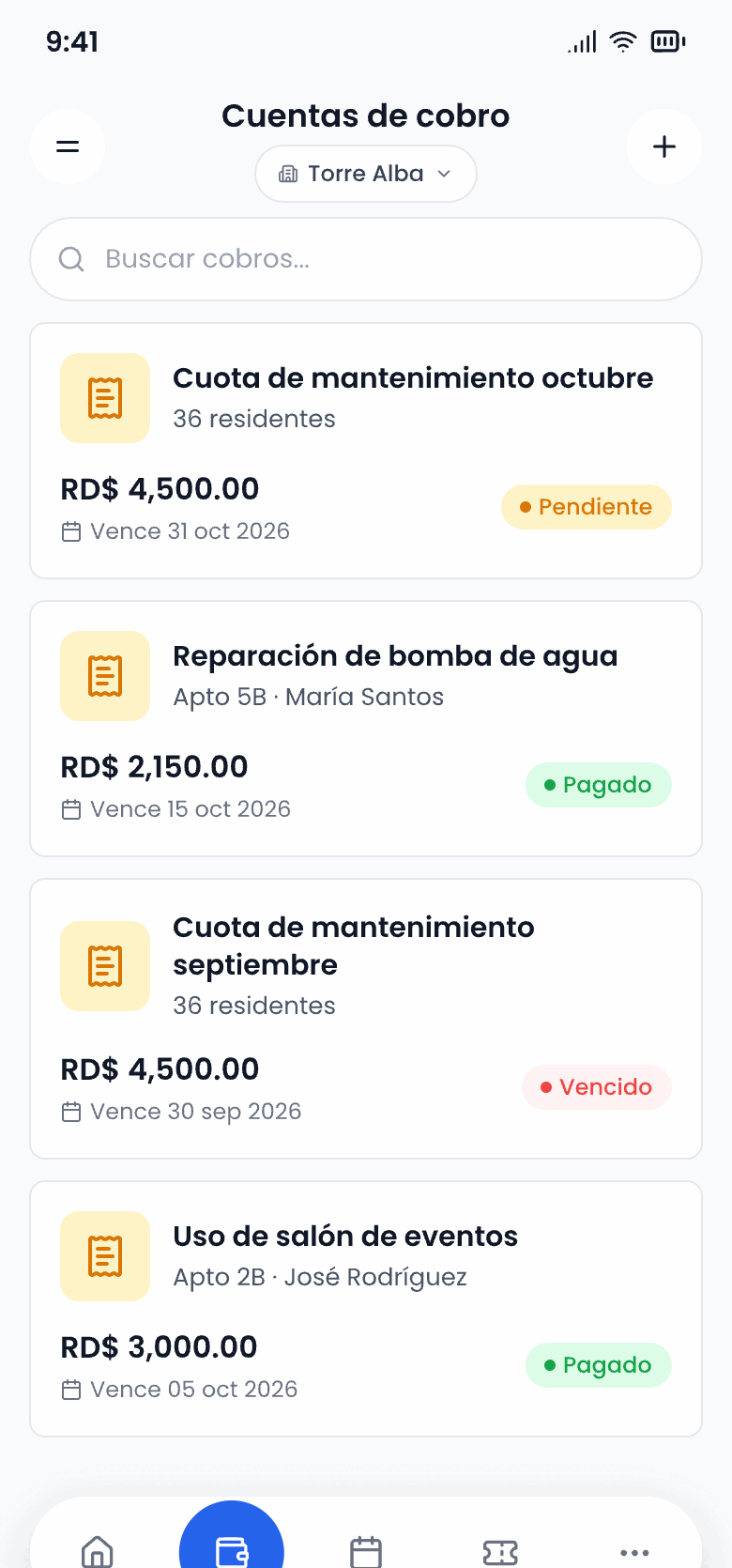Listado de cuentas de cobro por vivienda con su estado