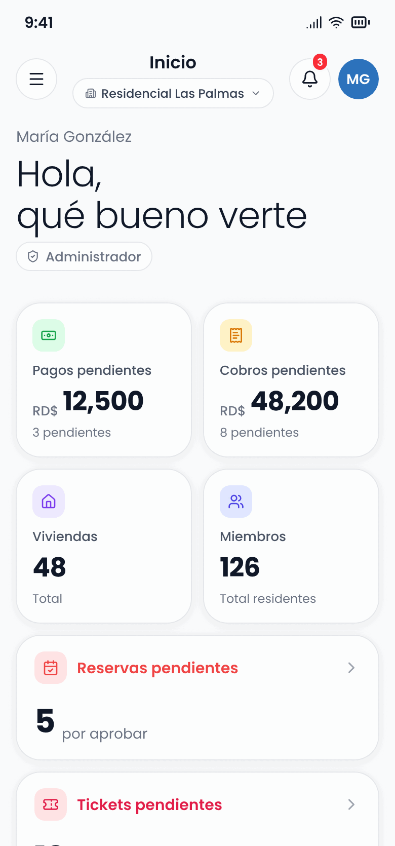 Pantalla de inicio de Bauer en un teléfono: saldo de pagos y cobros pendientes, viviendas, miembros, reservas y tickets pendientes