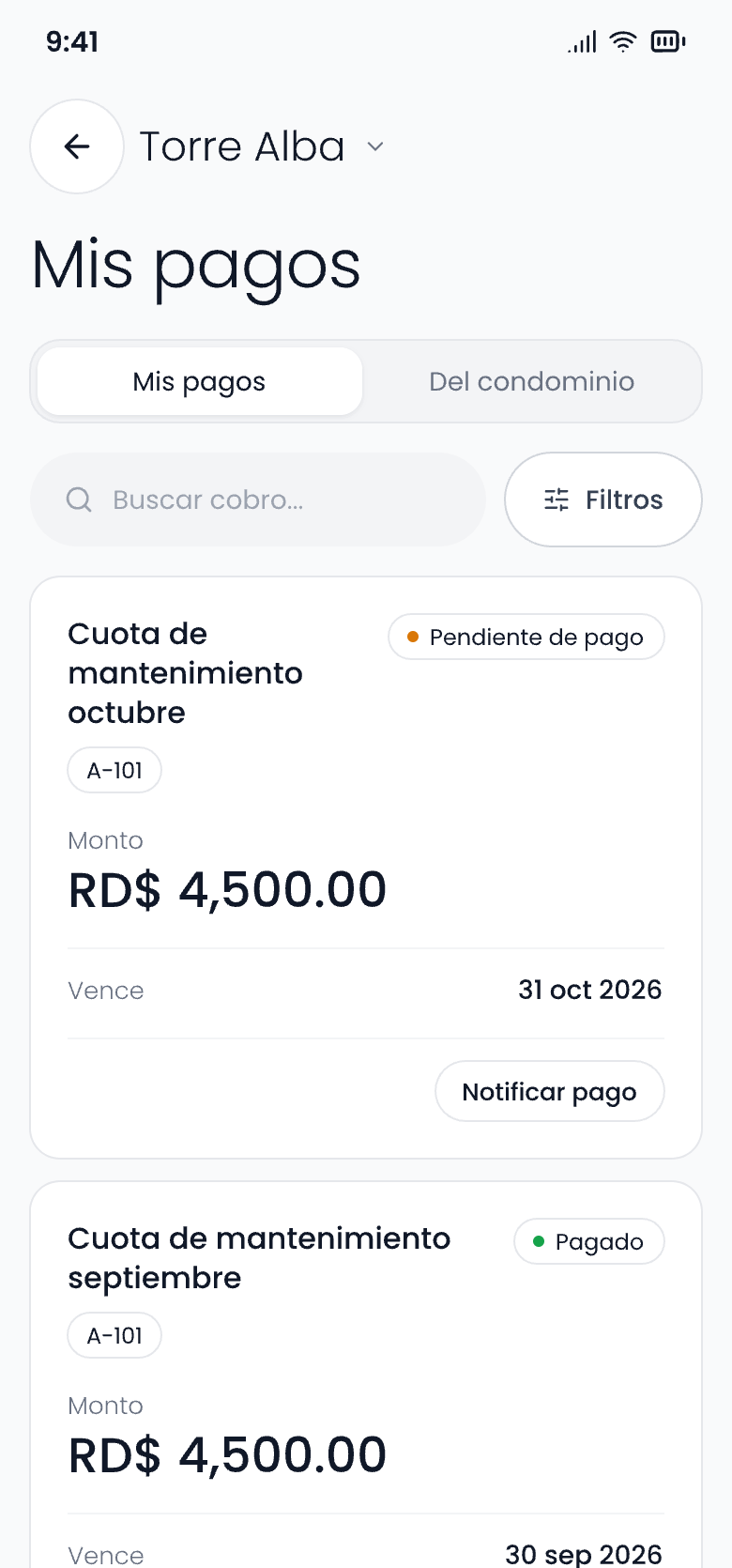 Pagos de un residente con el comprobante y el estado de cada uno
