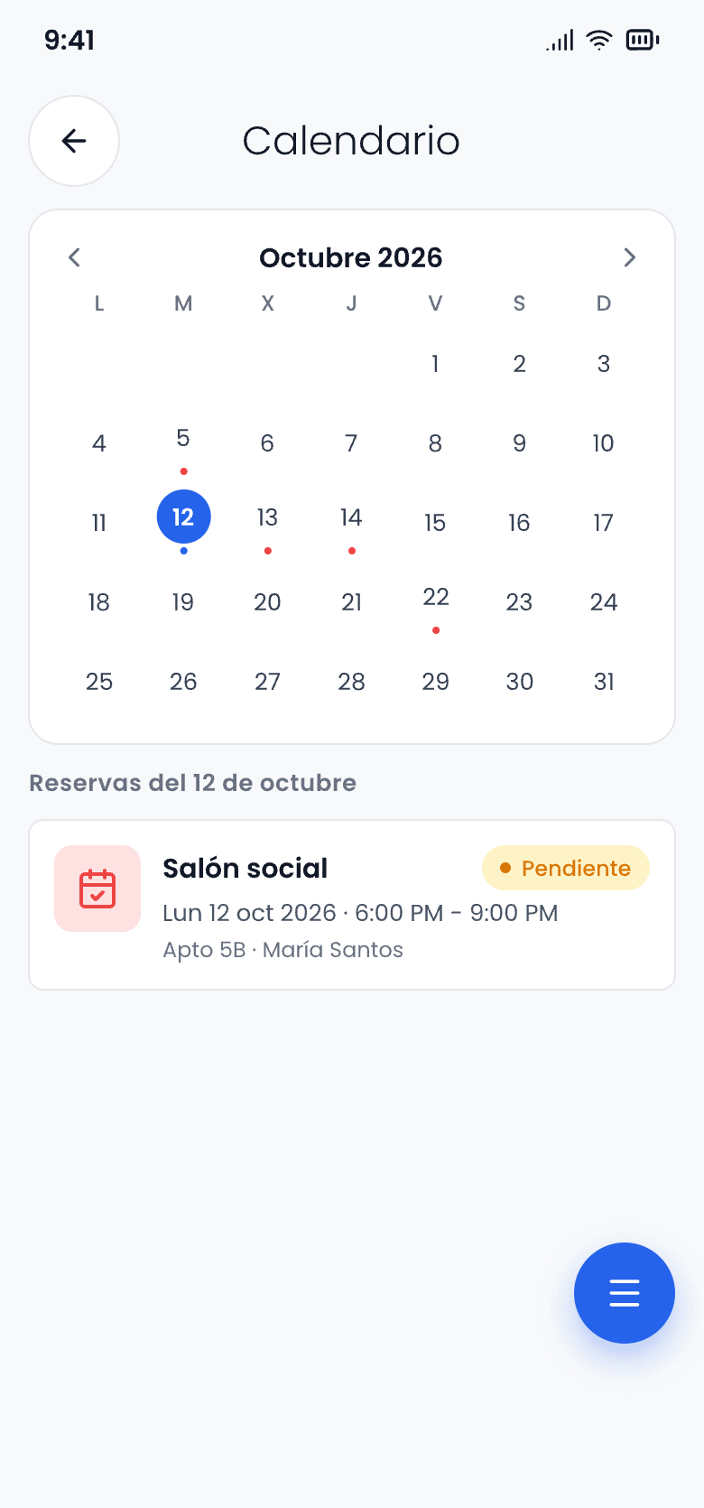Calendario de reservas de áreas comunes con un día seleccionado y las reservas de ese día