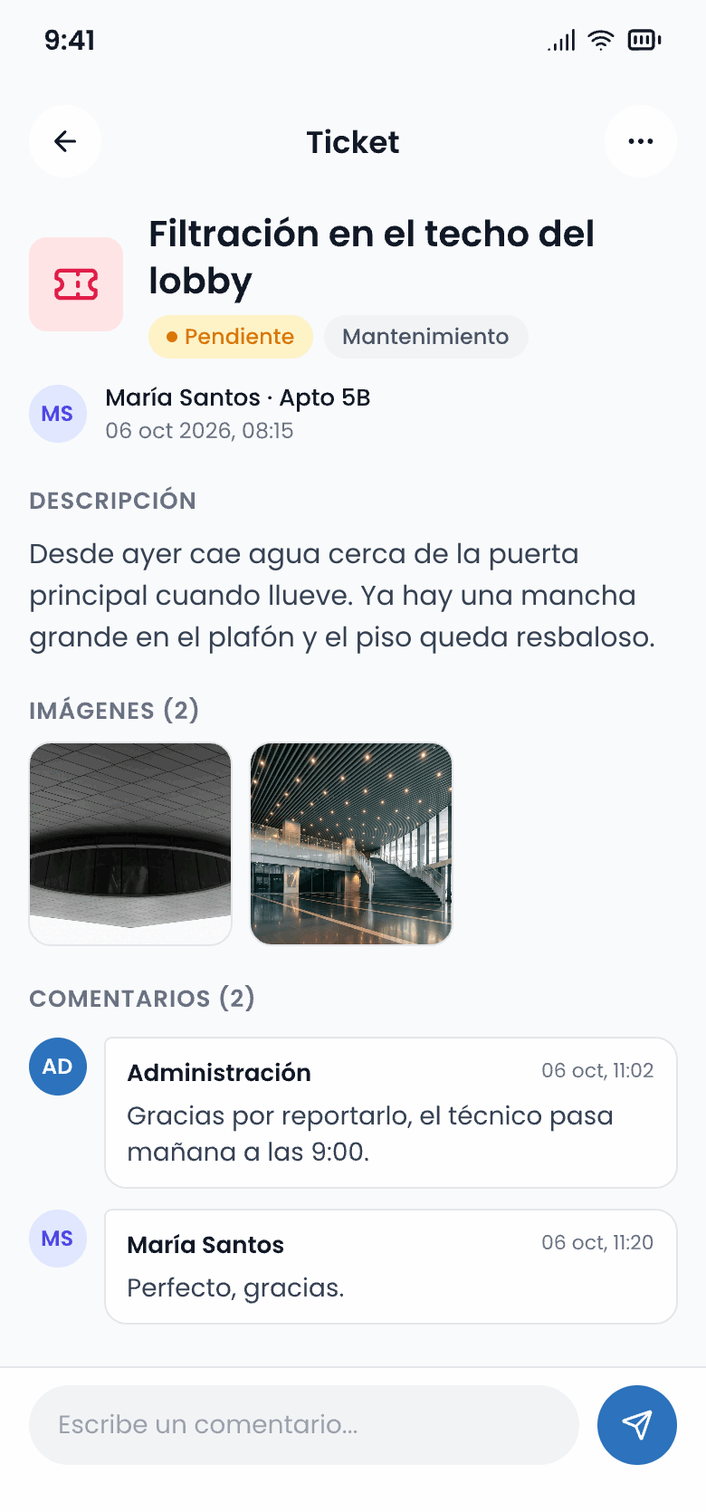 Detalle de un ticket de mantenimiento con fotos y comentarios