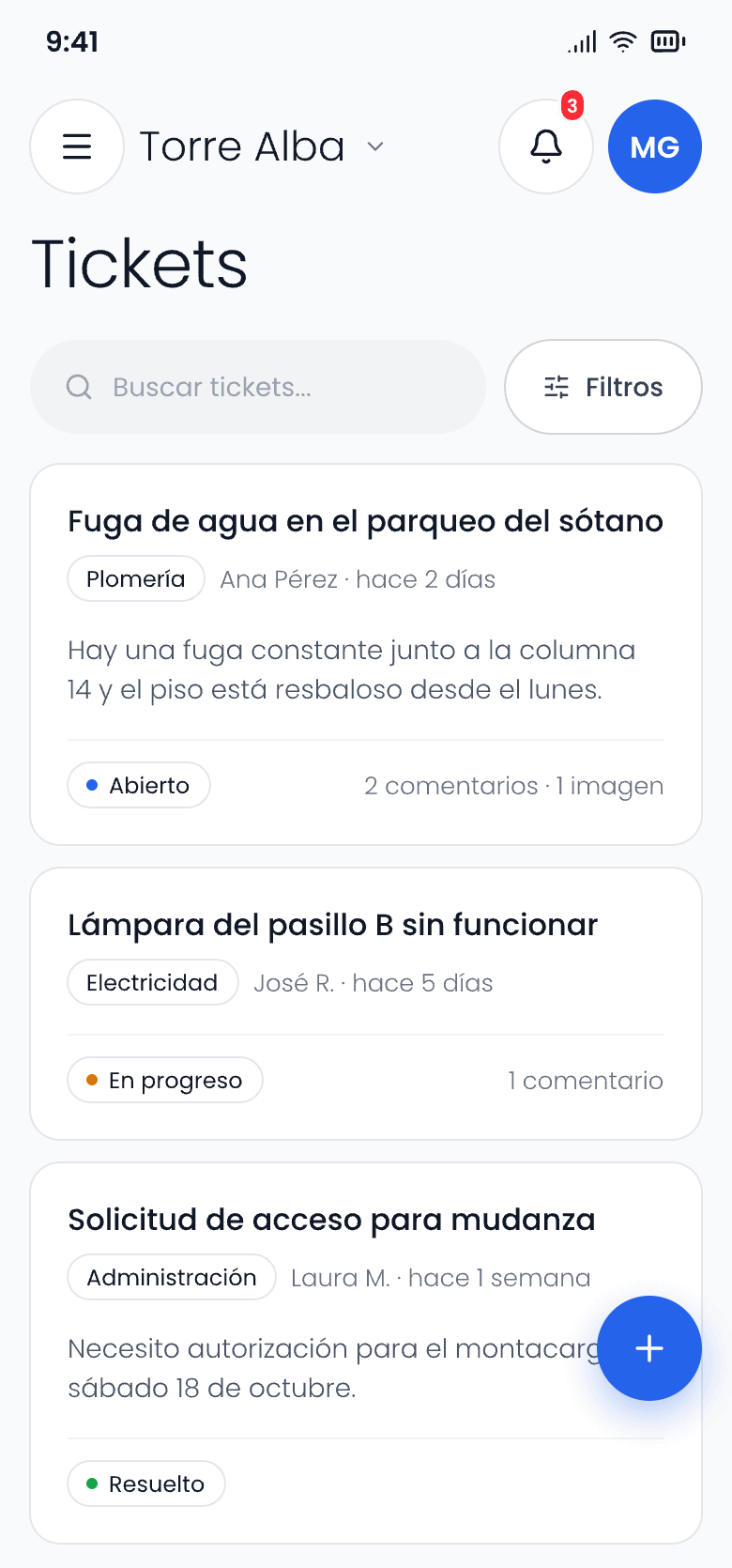 Listado de tickets de mantenimiento con su estado